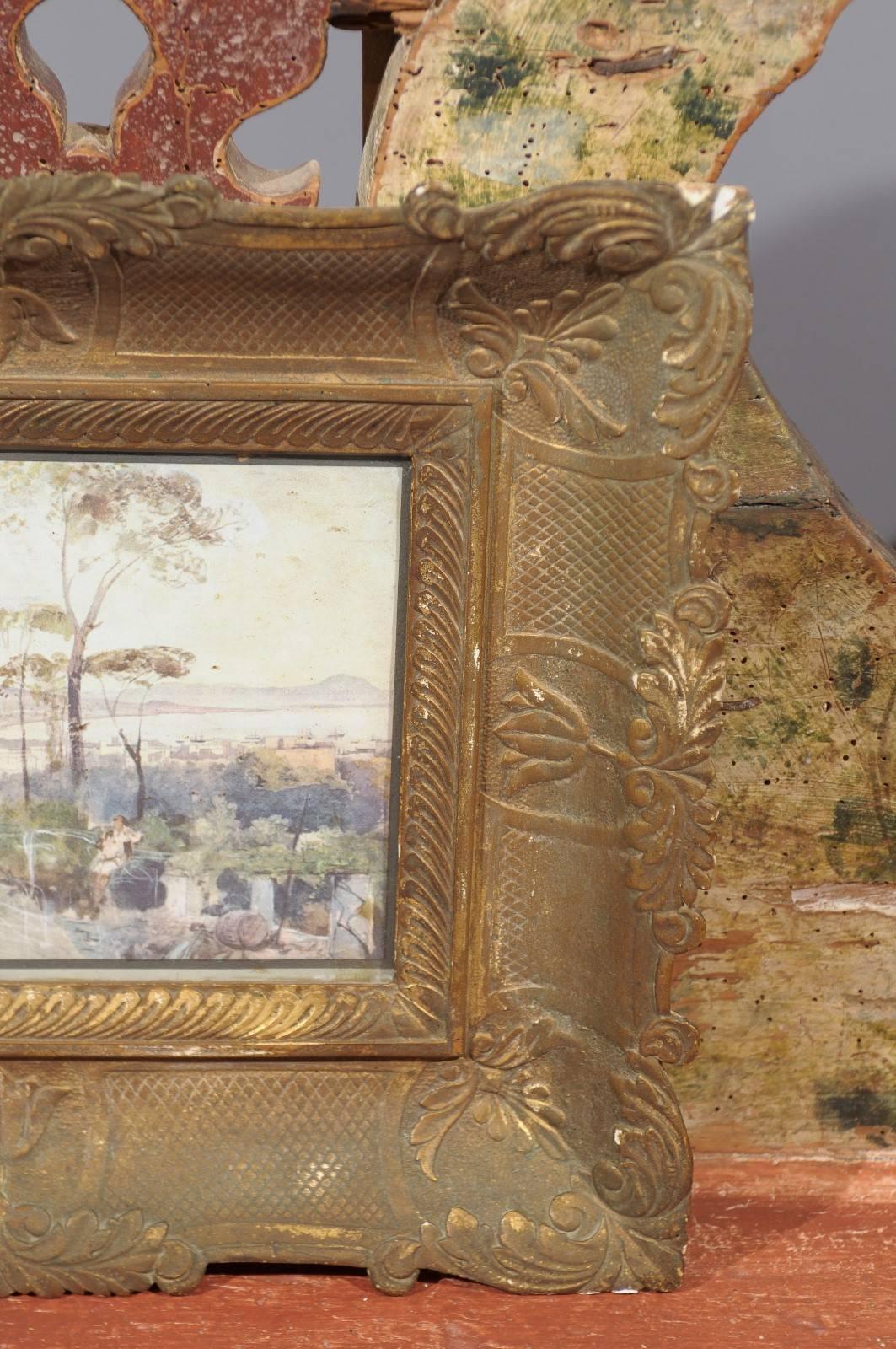 19th Century Italian Watercolor on Paper Landscape of Naples in Giltwood Frame For Sale 1