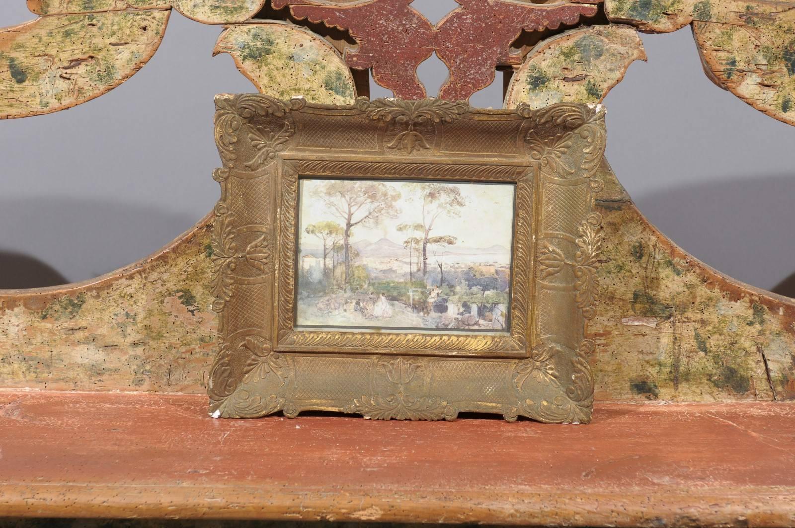 Giltwood framed watercolor painted on paper landscape scene of Naples featuring Figures in foreground, Mid-19th Century Italy. Pastel Hues.