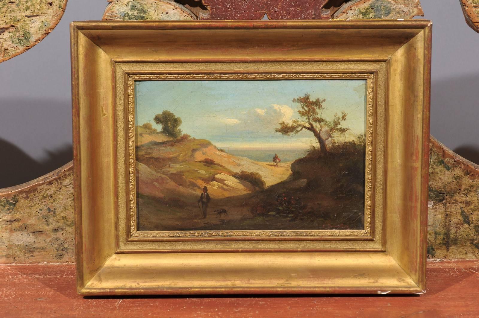 19th century Italian oil on canvas landscape painting in giltwood frame.
