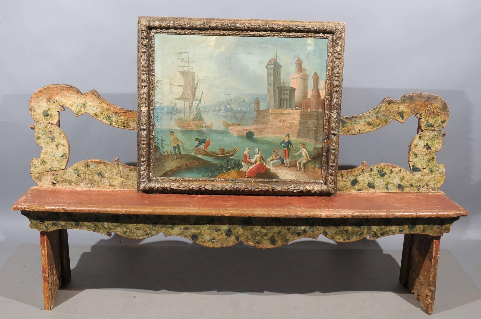 European Large Framed Oil on Canvas Painting of Harbor, circa 1800