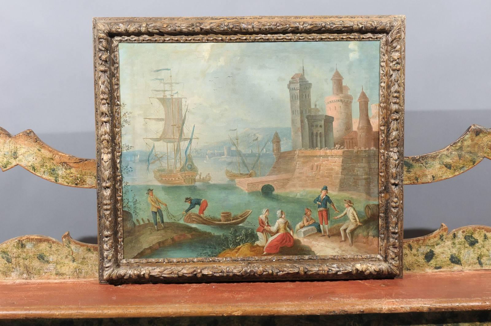 A large framed oil on canvas harbor painting.