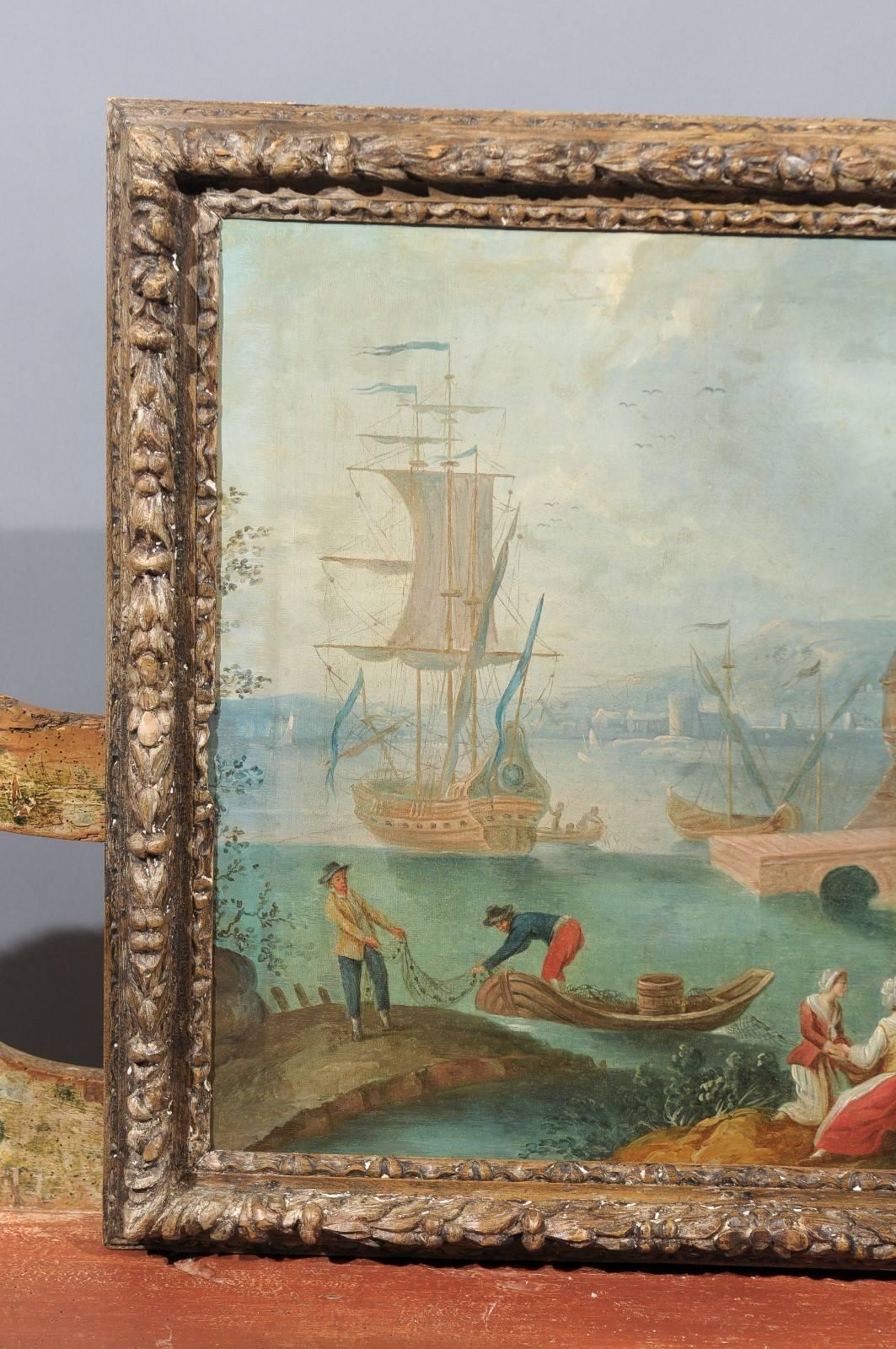 Gilt Large Framed Oil on Canvas Painting of Harbor, circa 1800
