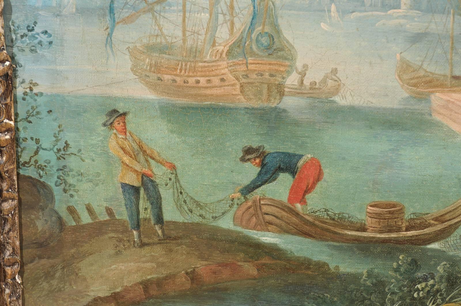 19th Century Large Framed Oil on Canvas Painting of Harbor, circa 1800