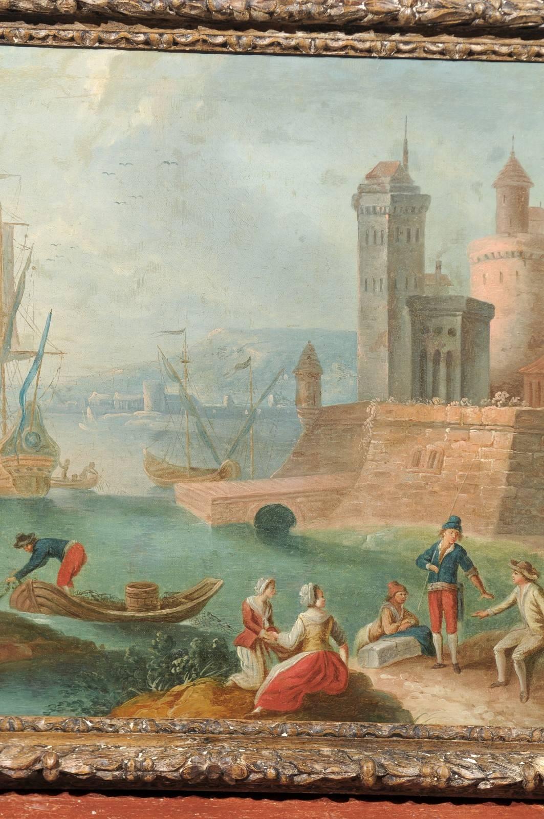 Large Framed Oil on Canvas Painting of Harbor, circa 1800 In Excellent Condition In Atlanta, GA