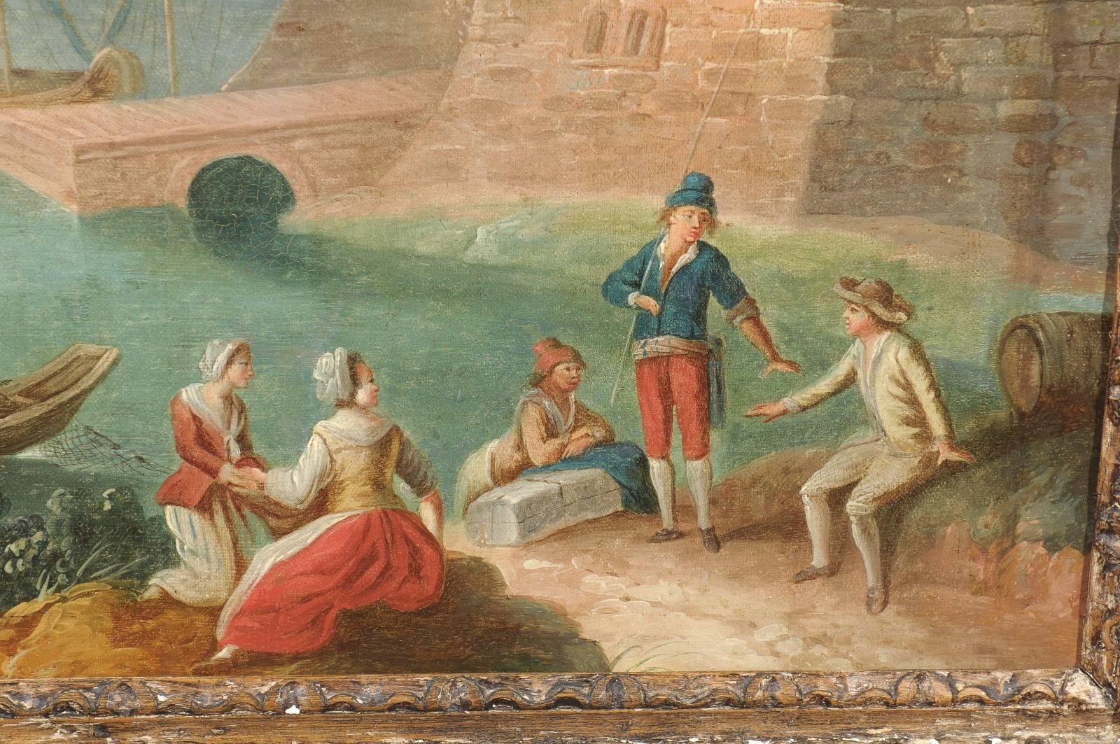 Large Framed Oil on Canvas Painting of Harbor, circa 1800 1