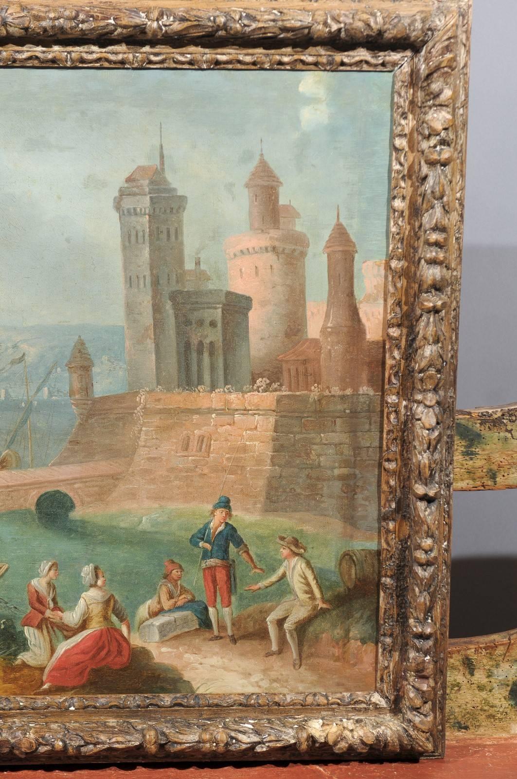 Large Framed Oil on Canvas Painting of Harbor, circa 1800 2