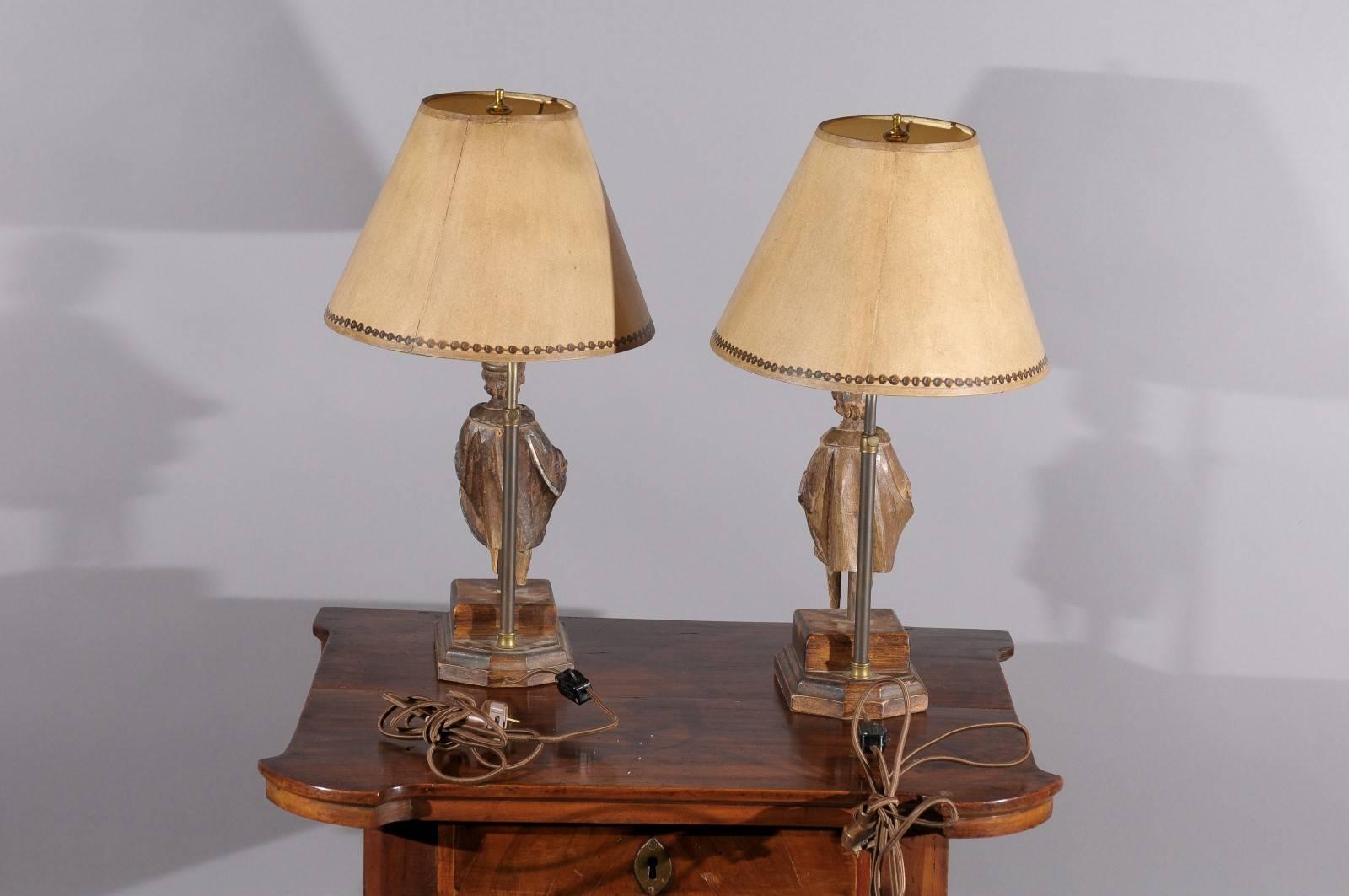 Pair of Carved Oak 19th Century Figural Fragments Mounted as Table Lamps with Sh 2