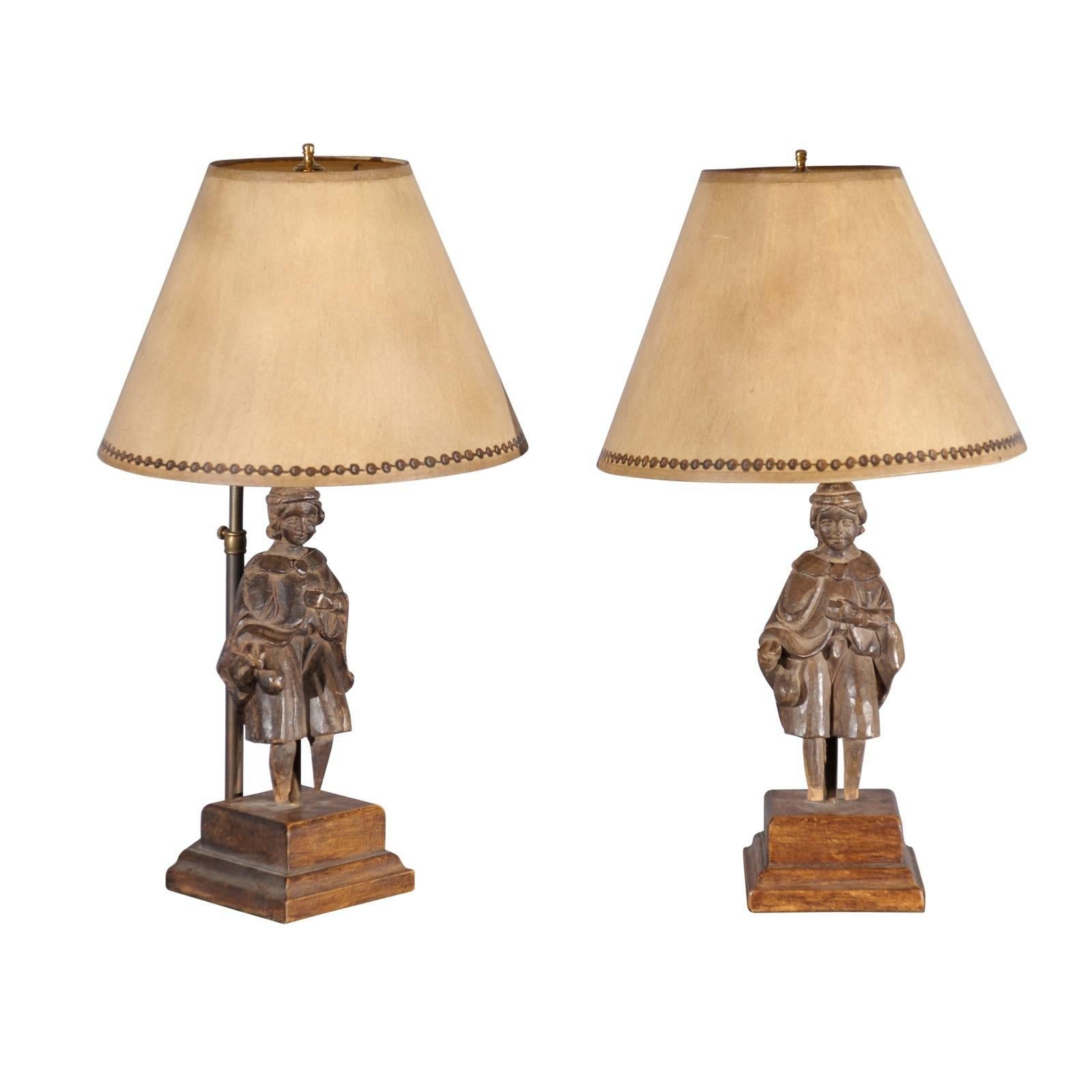 Pair of Carved Oak 19th Century Figural Fragments Mounted as Table Lamps with Sh