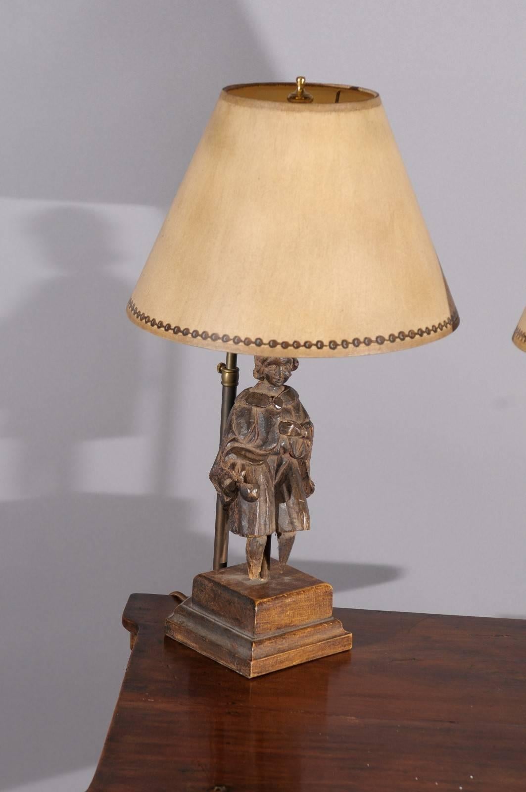 Pair of Carved Oak 19th Century Figural Fragments Mounted as Table Lamps with Sh 1