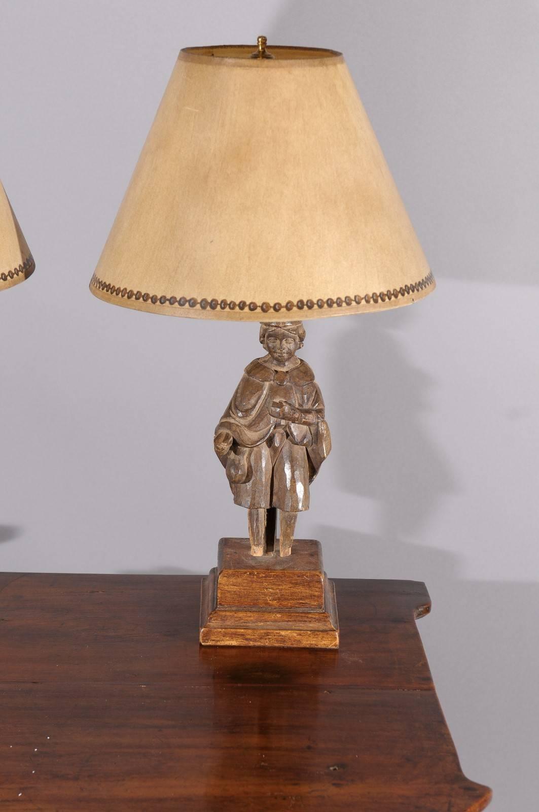 Pair of Carved Oak 19th Century Figural Fragments Mounted as Table Lamps with Sh 4