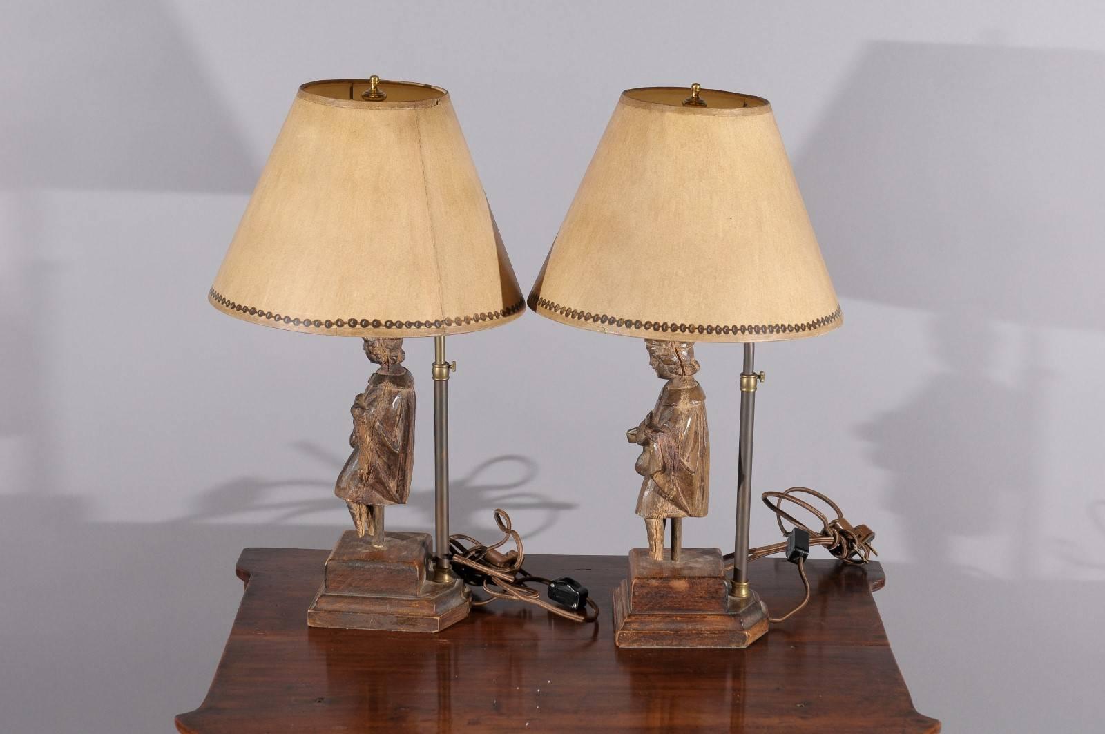 Pair of Carved Oak 19th Century Figural Fragments Mounted as Table Lamps with Sh 3
