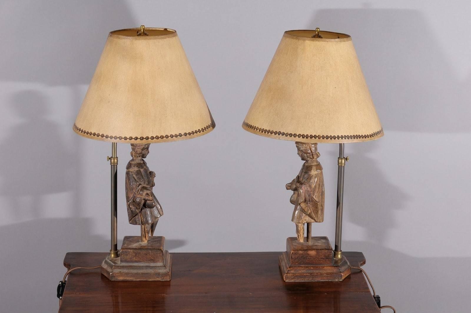 Pair of Carved Oak 19th Century Figural Fragments Mounted as Table Lamps with Sh 5