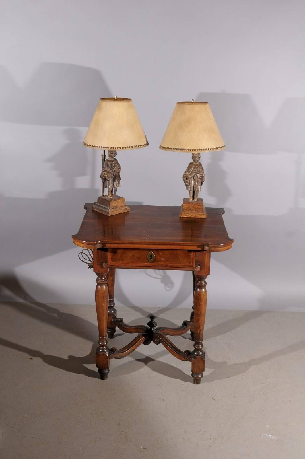 Pair of Carved Oak 19th Century Figural Fragments Mounted as Table Lamps with Sh In Good Condition In Atlanta, GA