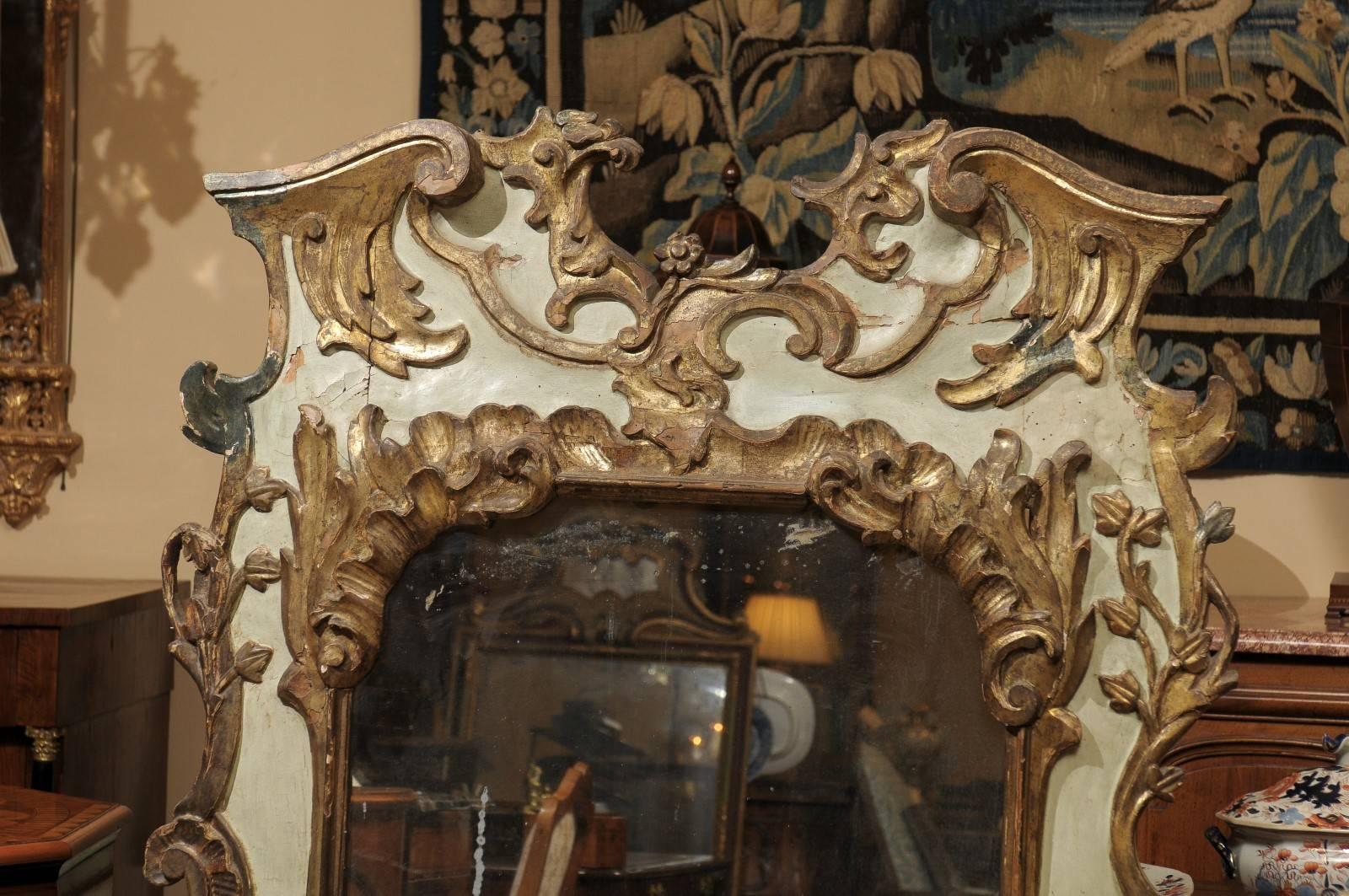 Gilt Metal Carved 18th Century Venetian Painted and Parcel Gilt Mirror, Rococo Period