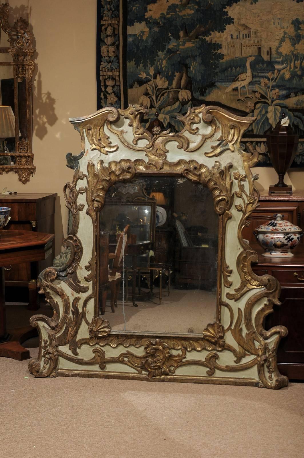 Italian Carved 18th Century Venetian Painted and Parcel Gilt Mirror, Rococo Period
