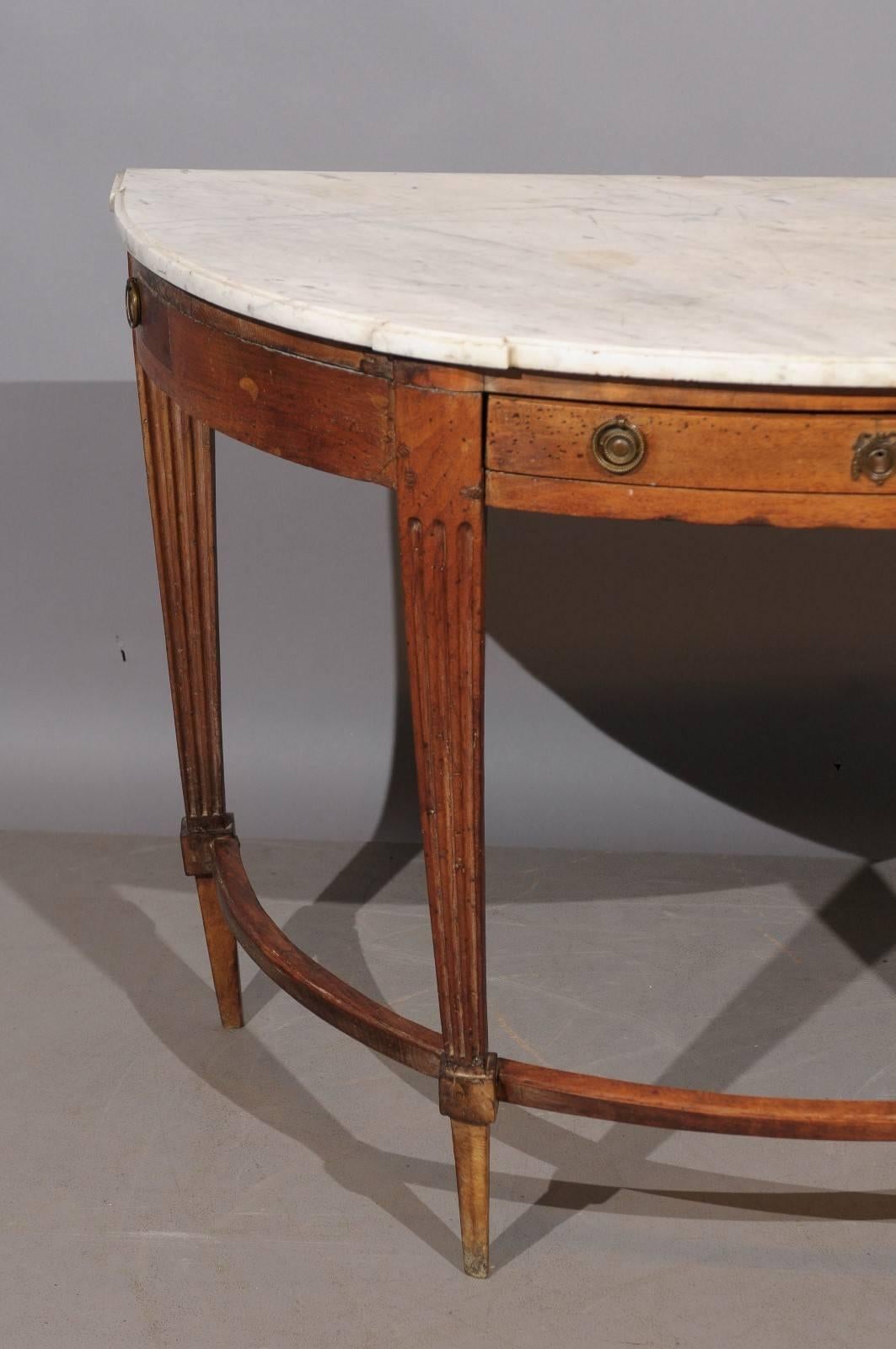 18th Century Louis XVI Walnut Demilune Console with Drawer and White Marble Top 2