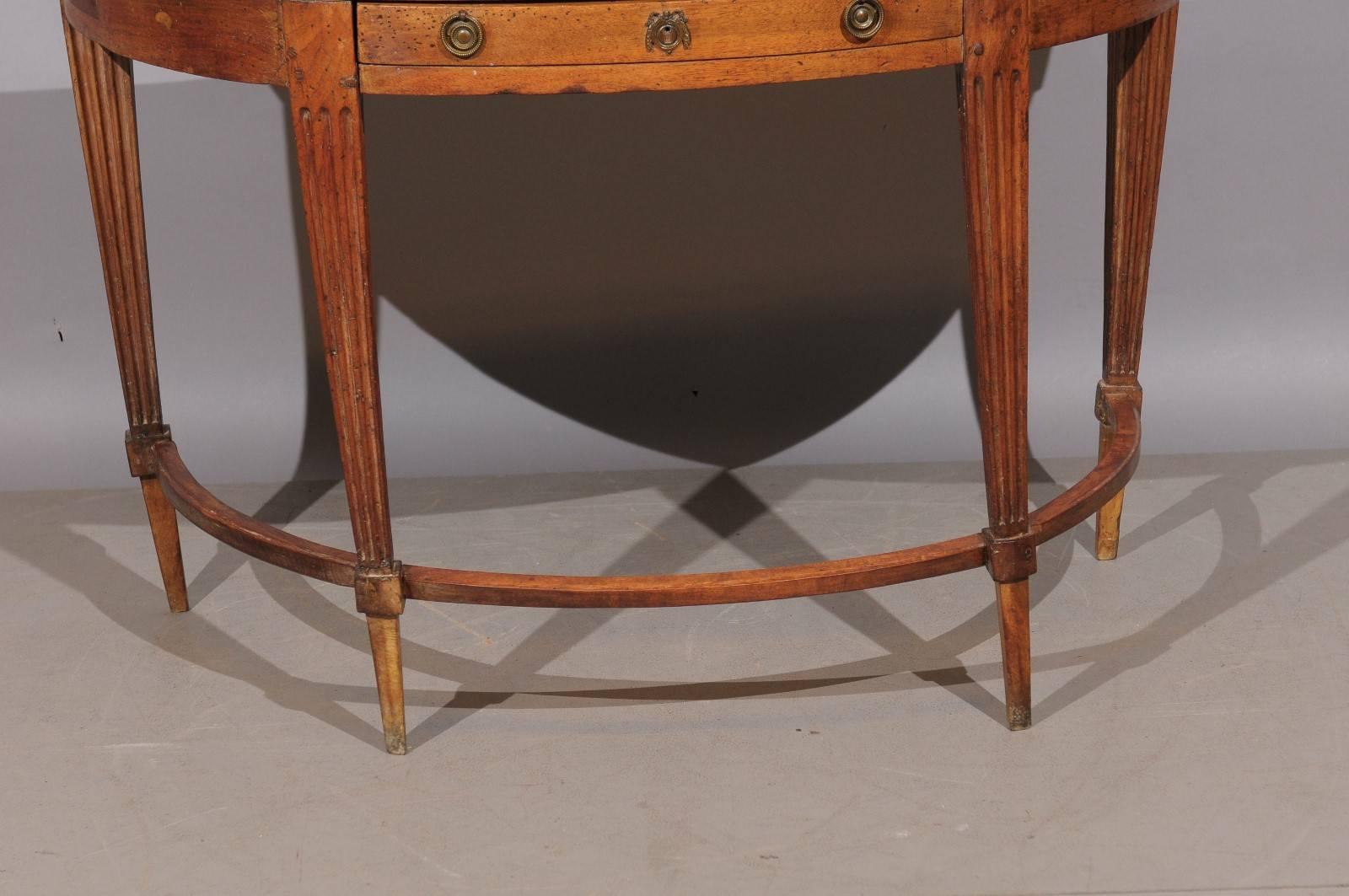 18th Century and Earlier 18th Century Louis XVI Walnut Demilune Console with Drawer and White Marble Top