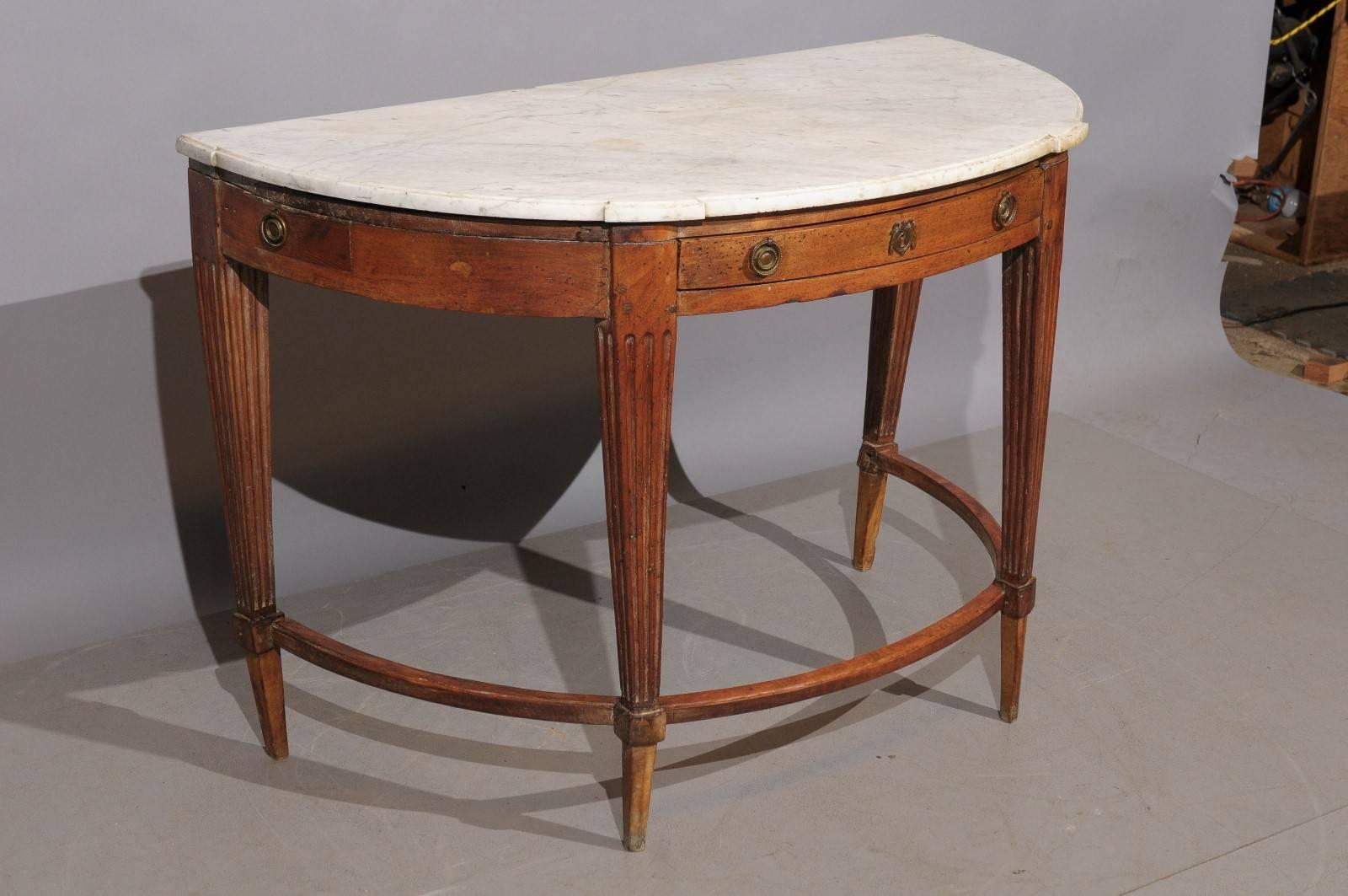 18th Century Louis XVI Walnut Demilune Console with Drawer and White Marble Top 1