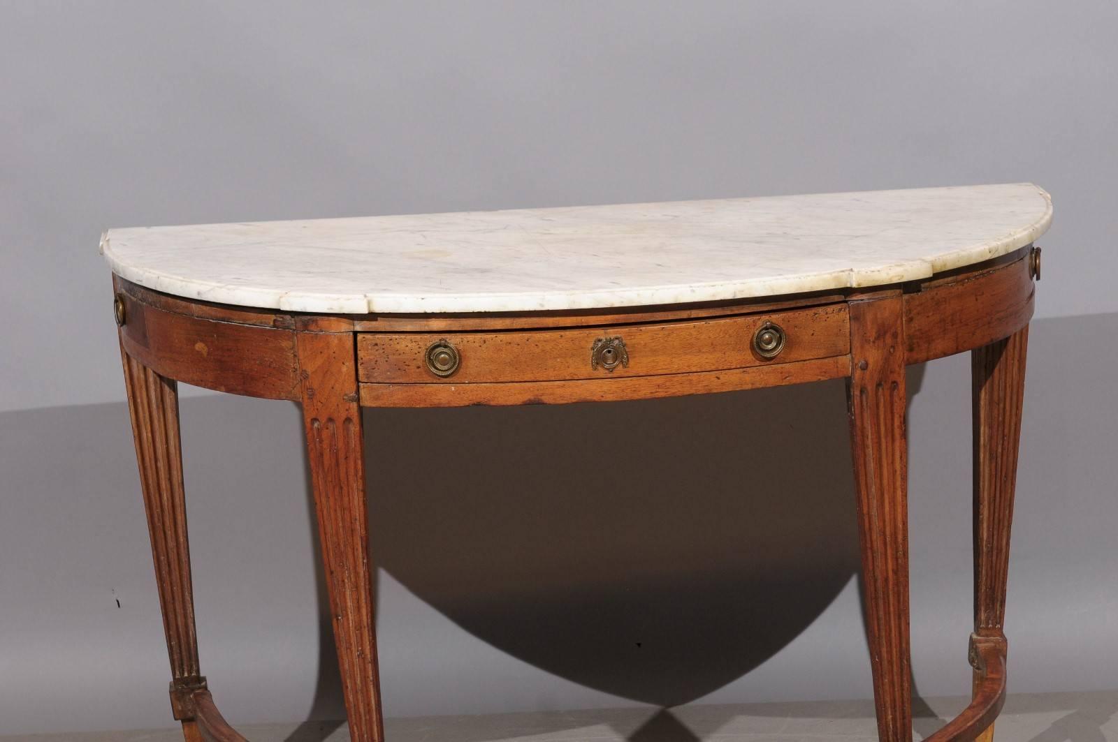 18th Century Louis XVI Walnut Demilune Console with Drawer and White Marble Top 4