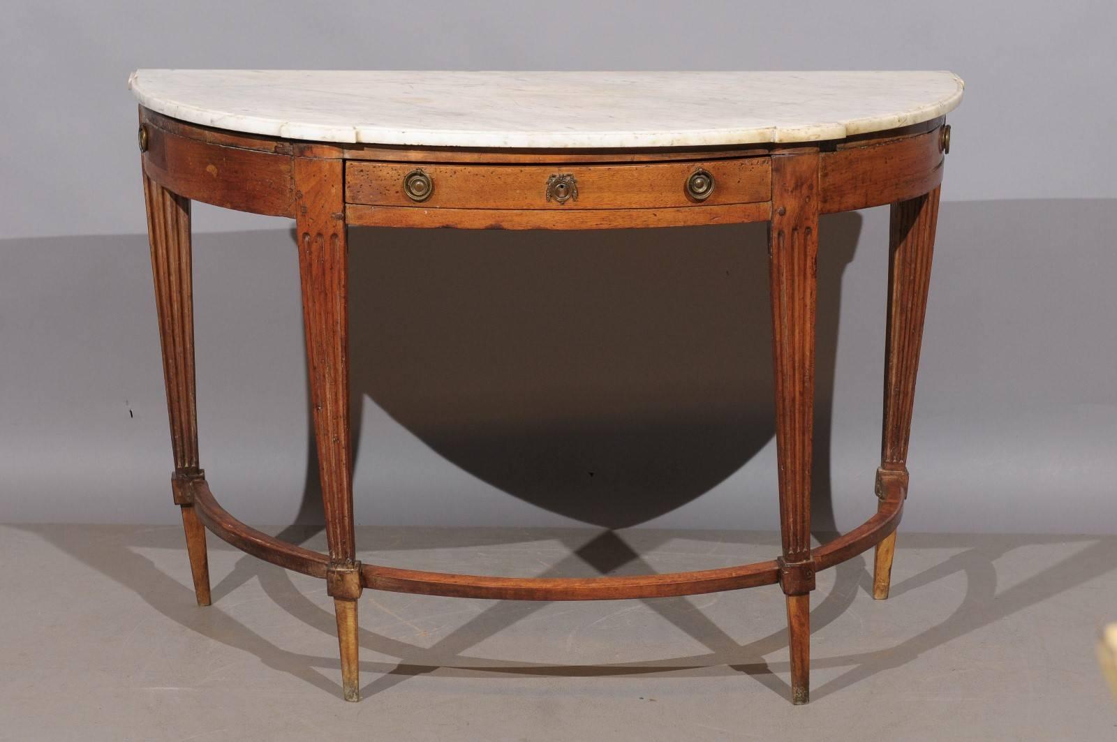French 18th Century Louis XVI Walnut Demilune Console with Drawer and White Marble Top