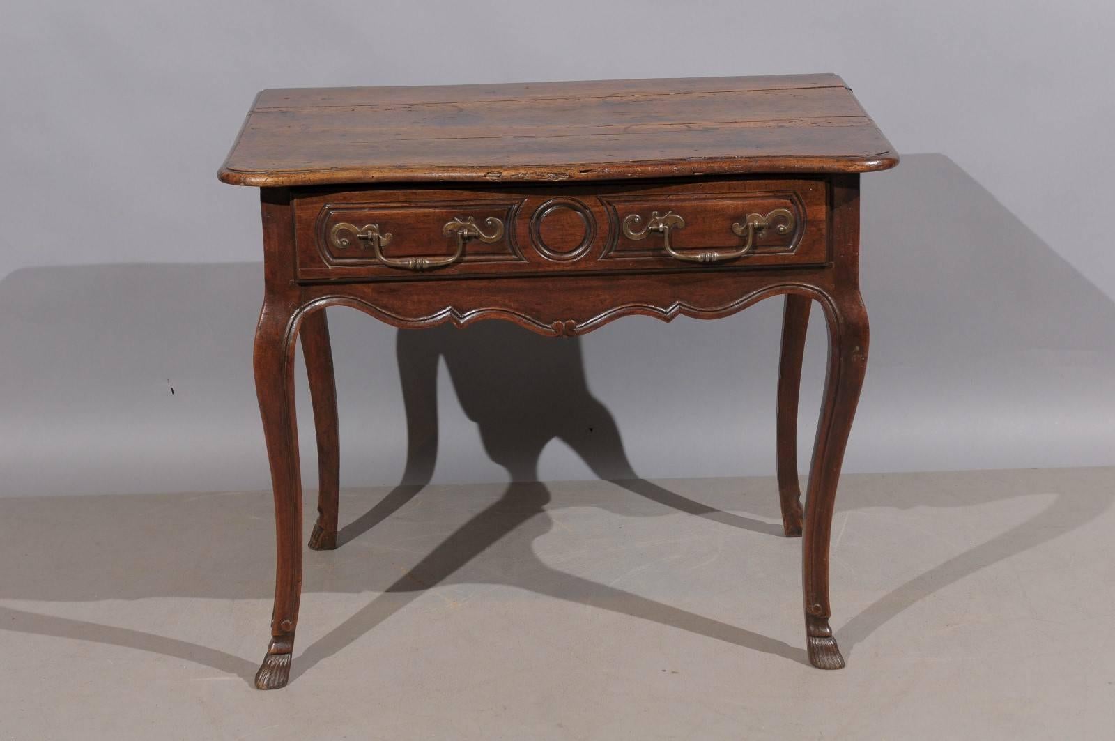18th Century French Louis XV Walnut Table with Drawer and Hoof Feet In Good Condition In Atlanta, GA