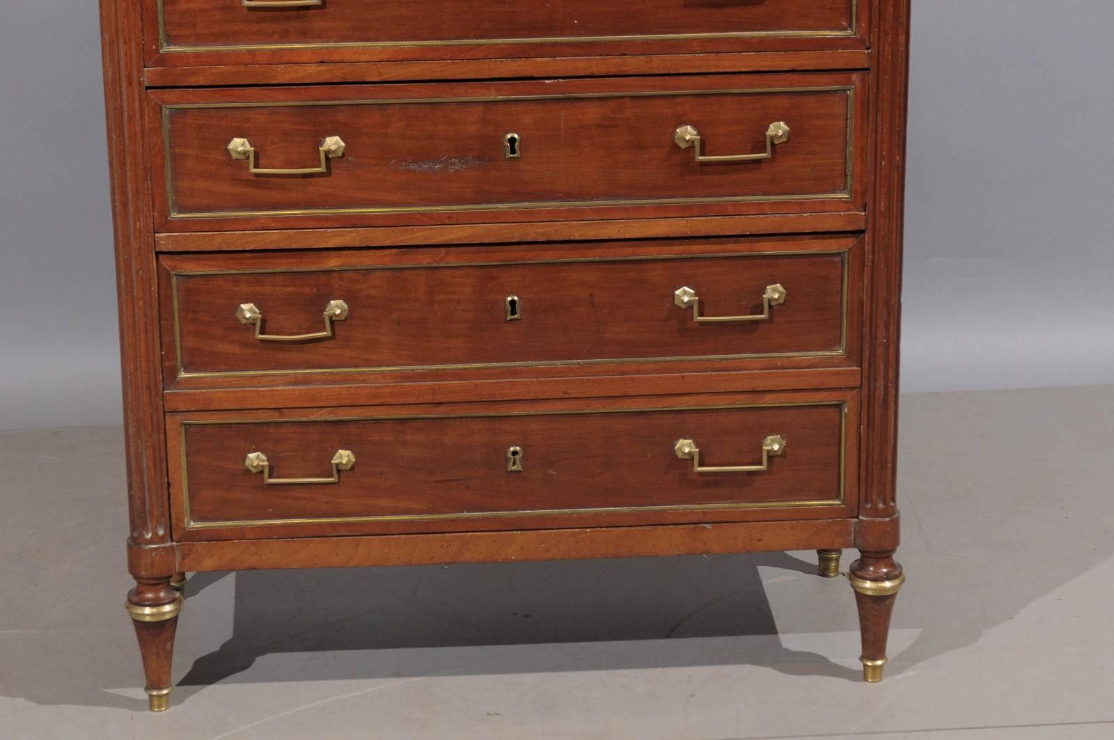 Inlay Louis XVI Mahogany Semanier with Grey Marble Top and Six Drawers, France