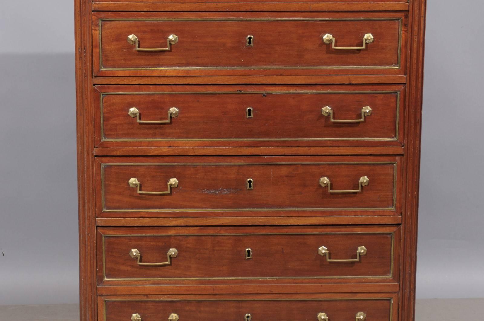 Louis XVI Mahogany Semanier with Grey Marble Top and Six Drawers, France 1