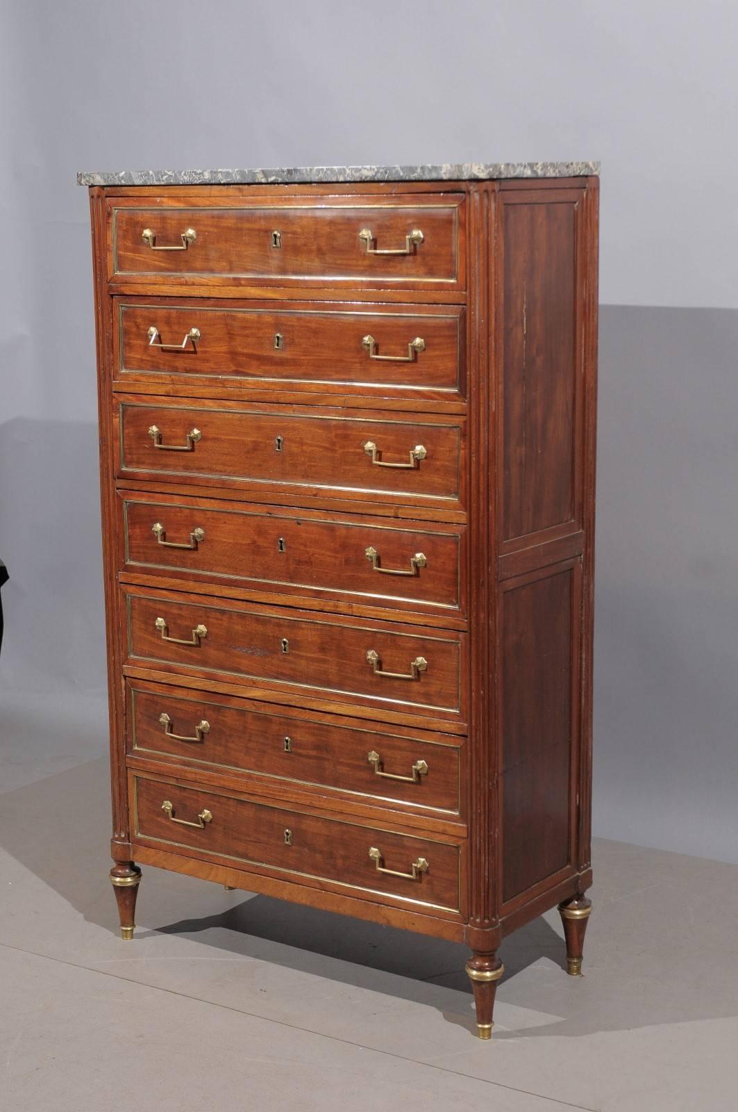Brass Louis XVI Mahogany Semanier with Grey Marble Top and Six Drawers, France