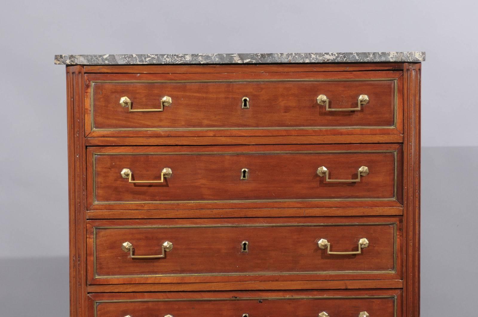 Late 18th Century Louis XVI Mahogany Semanier with Grey Marble Top and Six Drawers, France