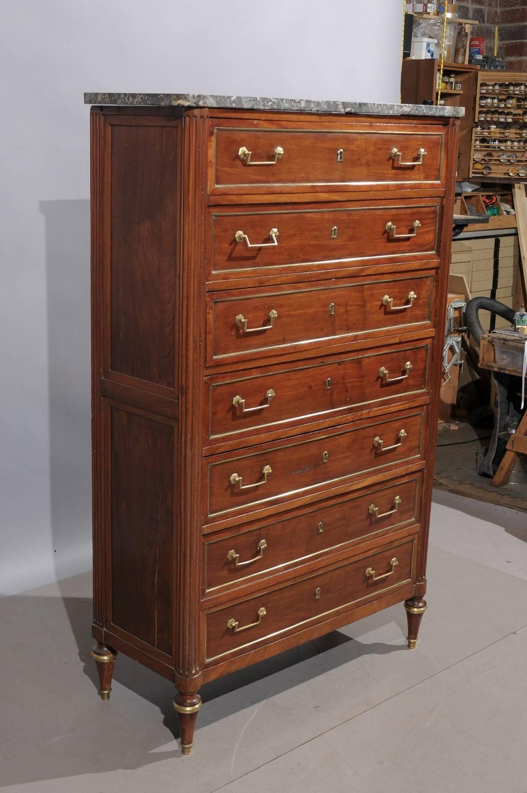 French Louis XVI Mahogany Semanier with Grey Marble Top and Six Drawers, France