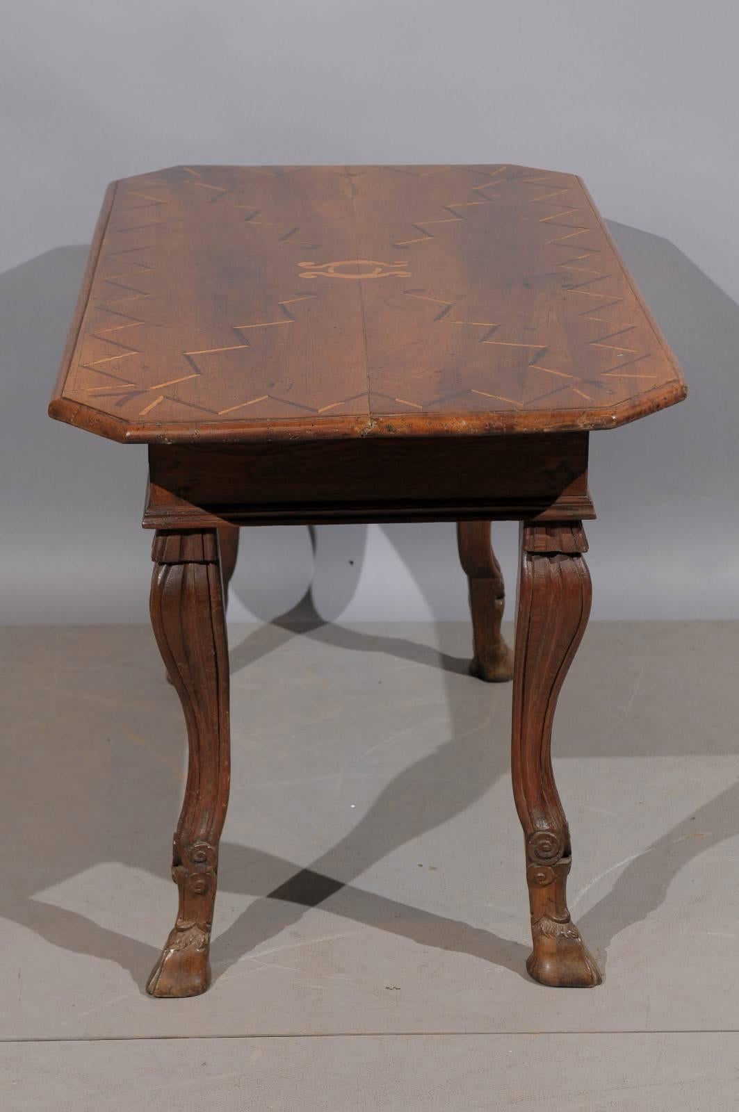 18th Century and Earlier 18th Century Italian Rococo Inlaid Walnut Writing Table with Hoof Feet