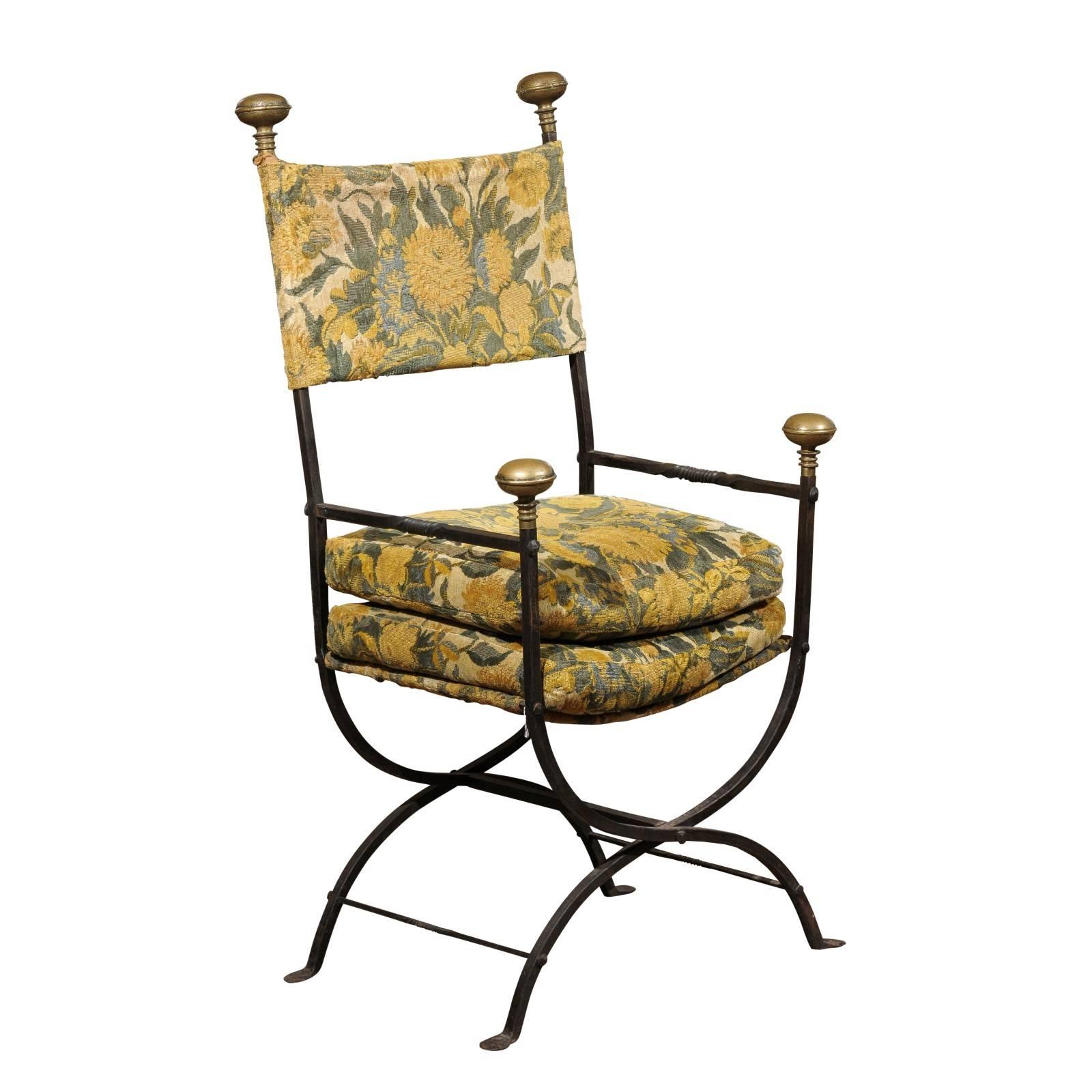 Large 19th Century Iron and Brass Campaign Chair, circa 1850 For Sale