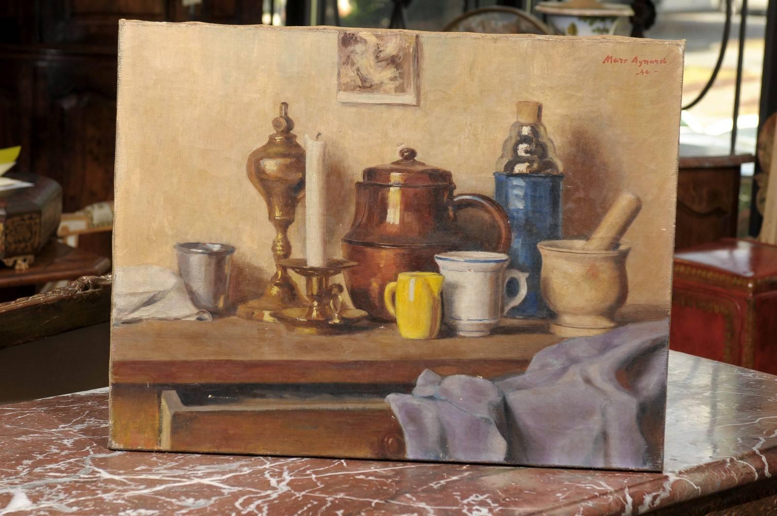 Oil on canvas still life painting, 20th century. Signed upper right, illeg. And dated 1946.