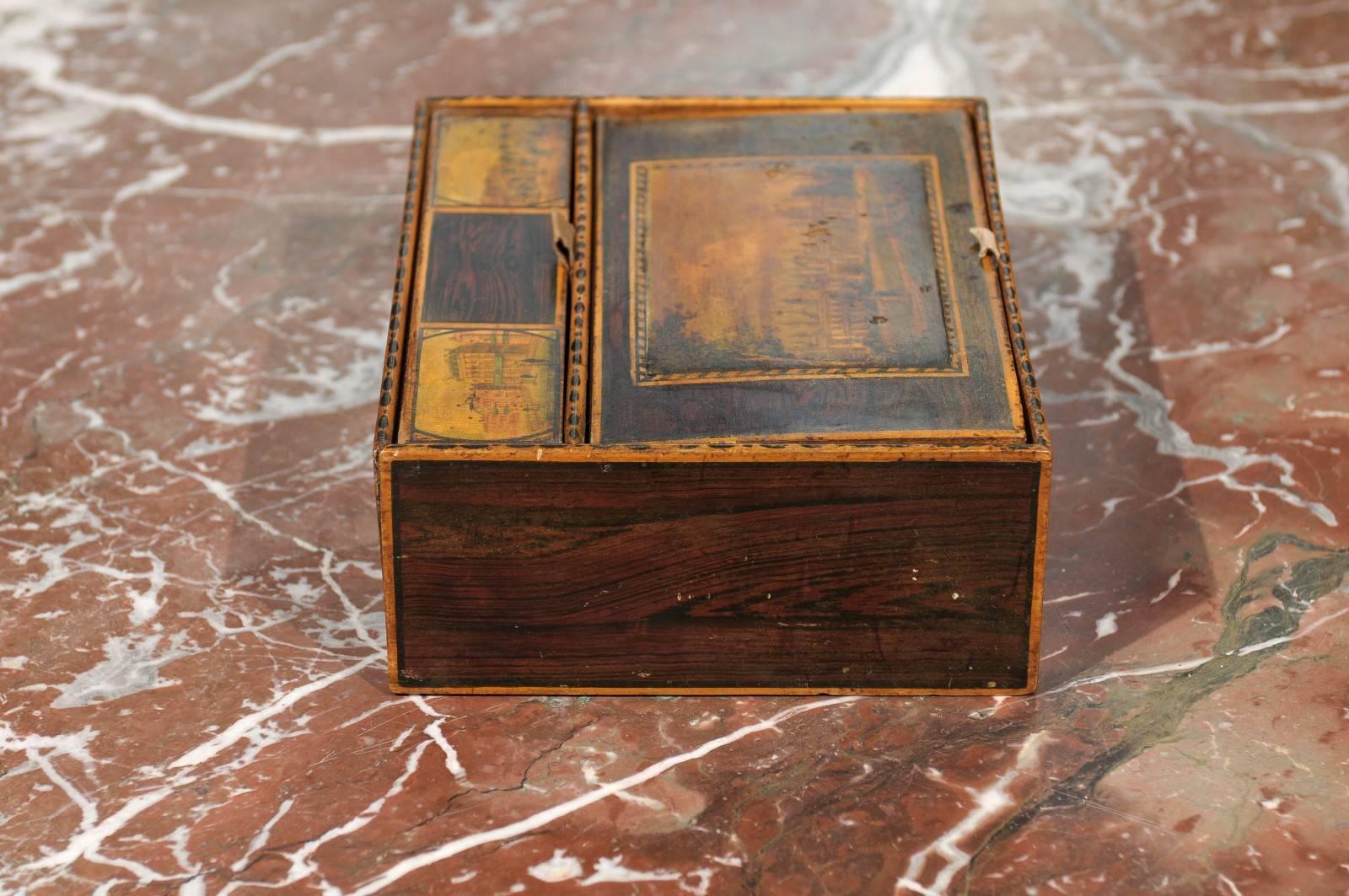 19th Century English Work Box with Penwork Landscape Scenes 1