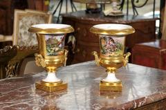 Pair of 19th Century French Paris Porcelain Urns with Painted Scenes & Handles