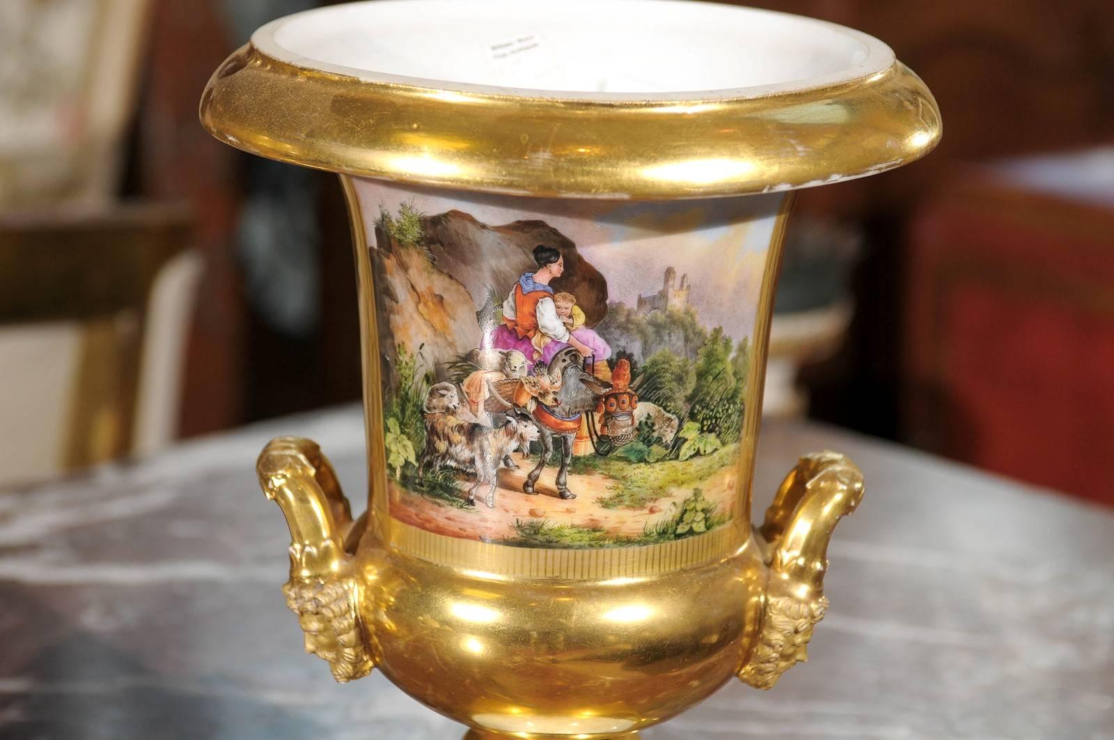 Pair of 19th Century French Paris Porcelain Urns with Painted Scenes & Handles For Sale 6