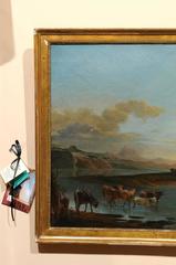 Large 19th Century Italian Oil on Canvas Landscape Painting of Cows in River