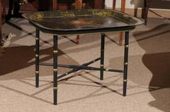 French Tole Tray Table with Flower Basket Design, 19th Century