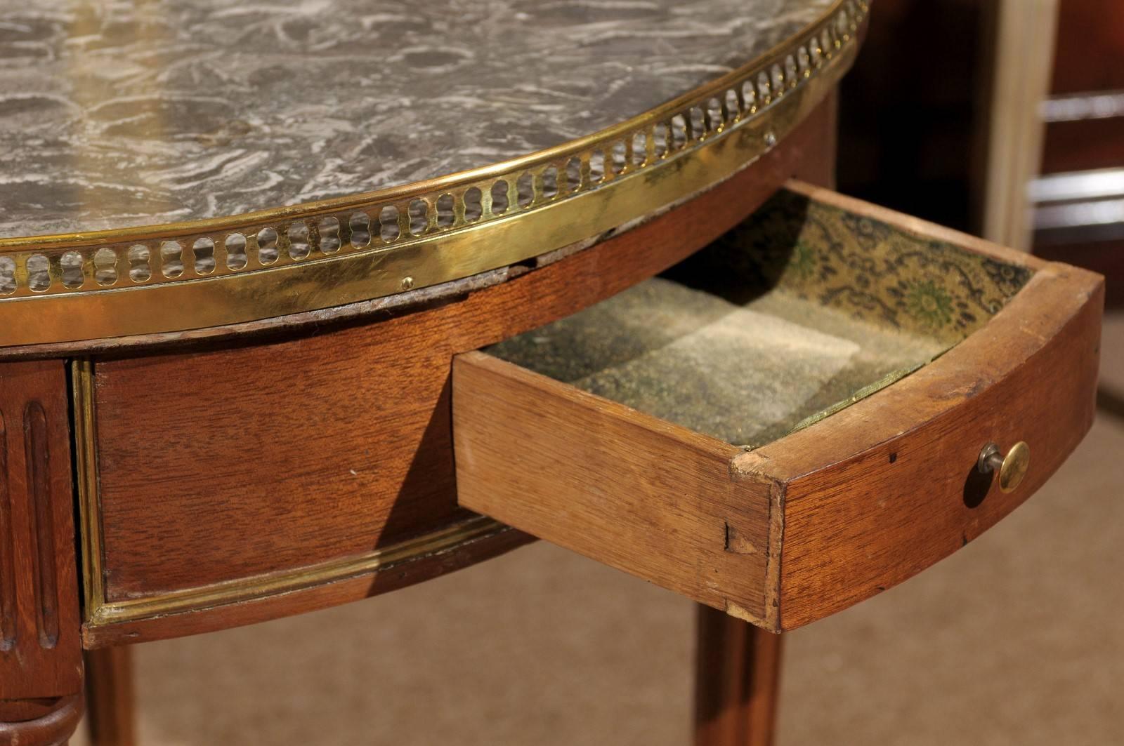 19th Century Bouillotte Table in Mahogany with Grey Marble Top and Brass Galler