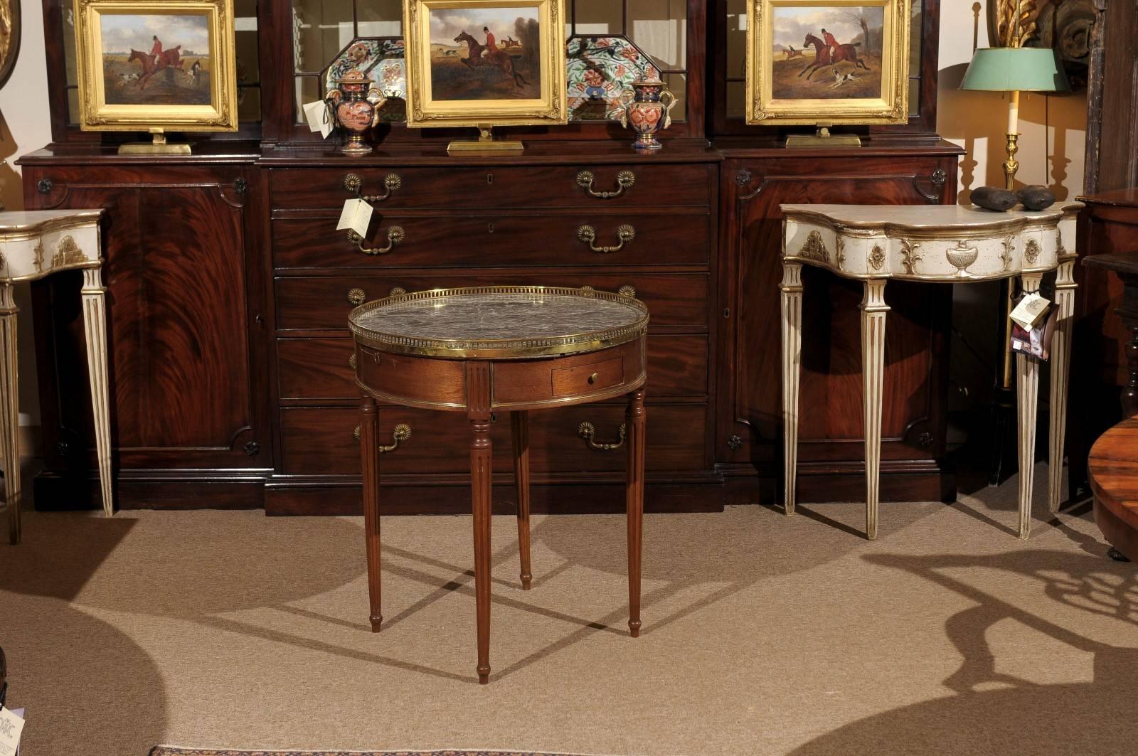 French Bouillotte Table in Mahogany with Grey Marble Top and Brass Galler