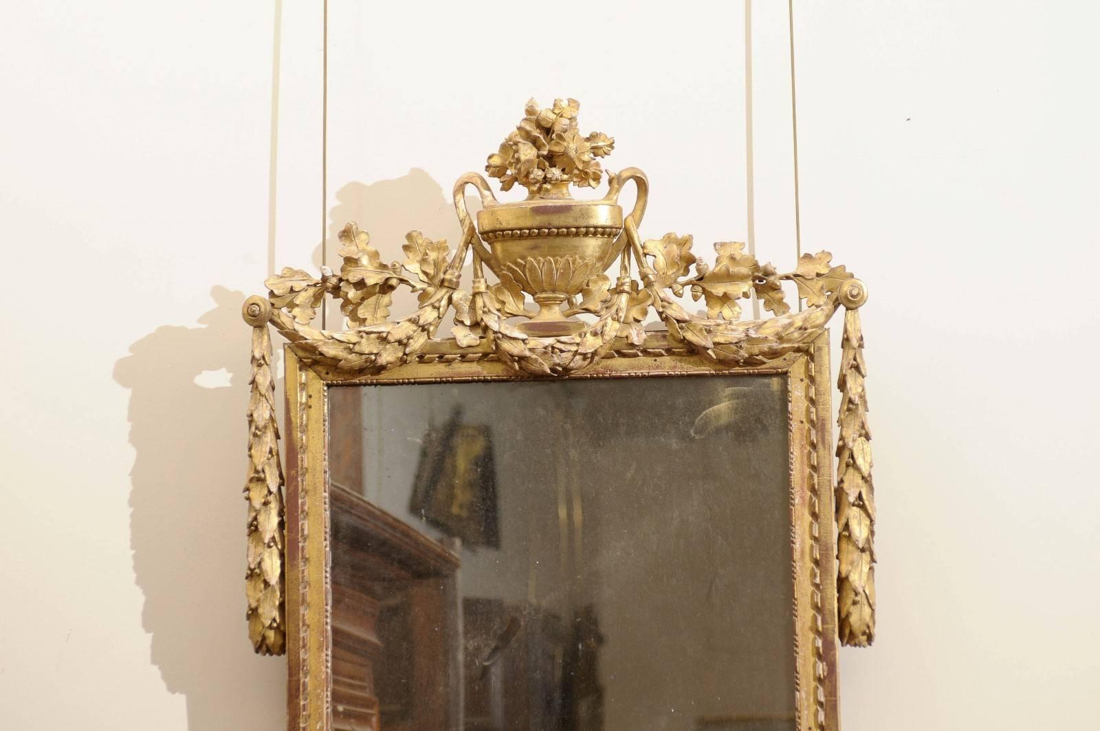 18th Century and Earlier Large 18th Century French Louis XVI Giltwood Mirror with Urn Crest & Laurel Swag