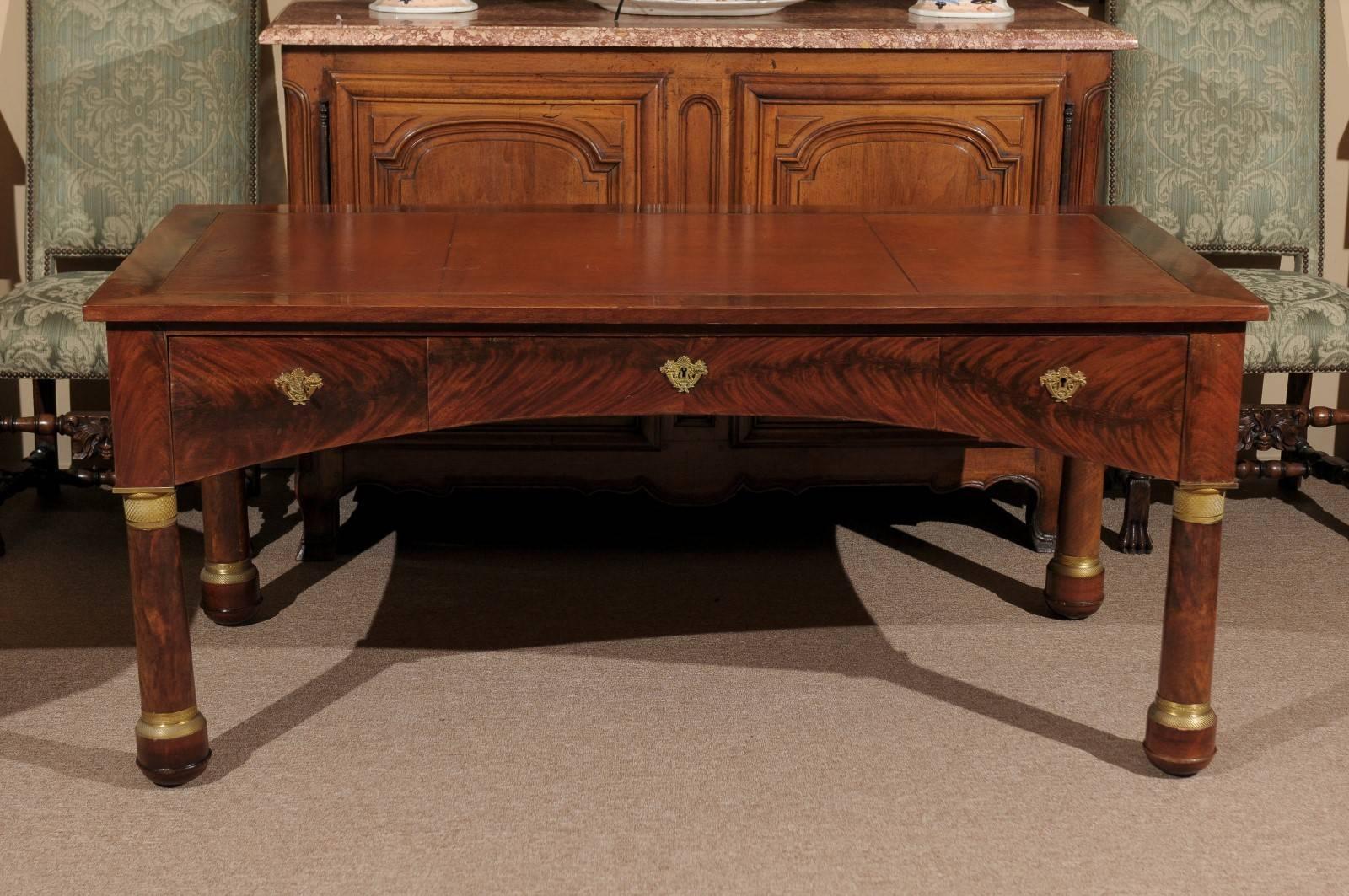 Large Empire French Writing Desk with Embossed Brown Leather Top & Column Legs For Sale 2
