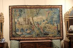 Large 19th Century French Aubusson Tapestry with Castles and Forest Scene