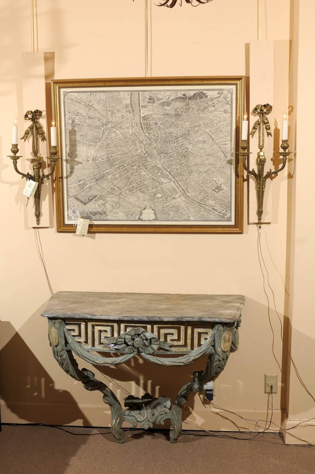 French Polychrome Painted Console with Pierced Greek Key Frieze and Grey Marble Top For Sale