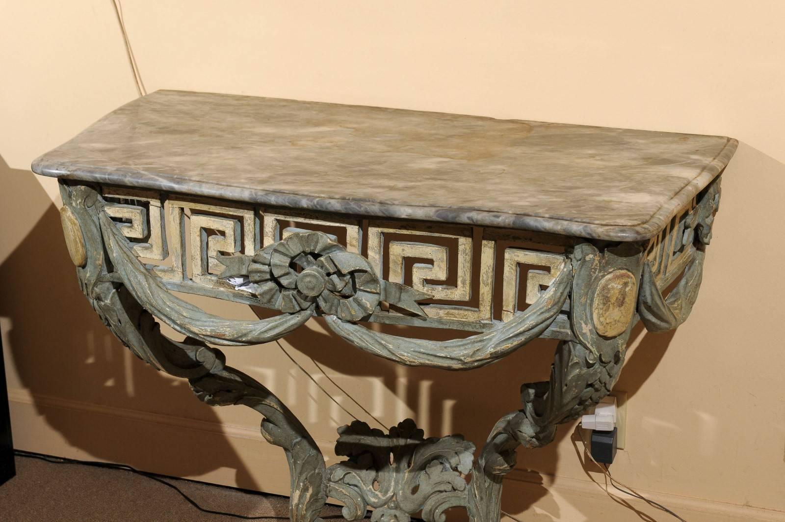 Late 18th Century Polychrome Painted Console with Pierced Greek Key Frieze and Grey Marble Top For Sale