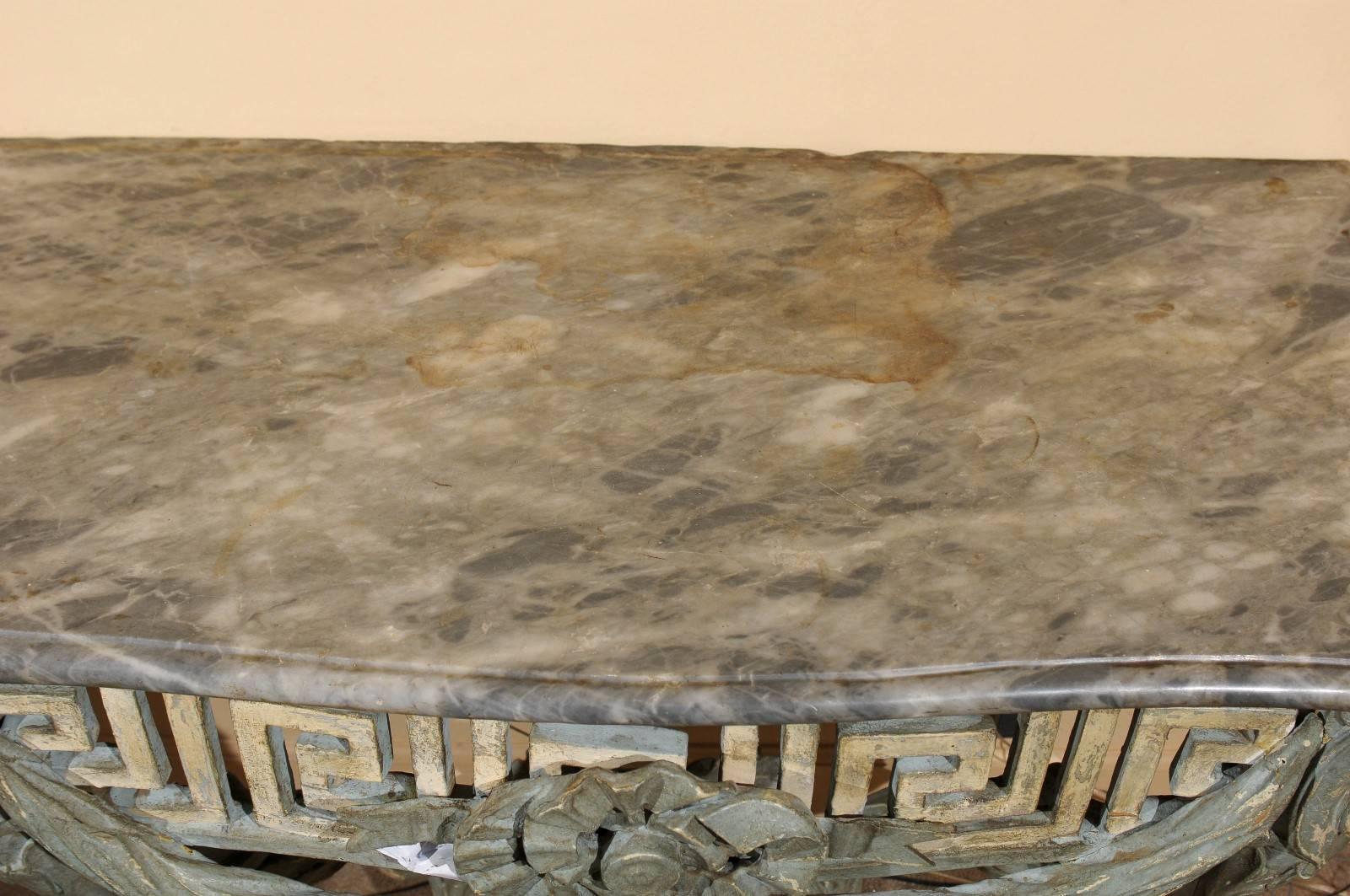 Polychrome Painted Console with Pierced Greek Key Frieze and Grey Marble Top For Sale 1