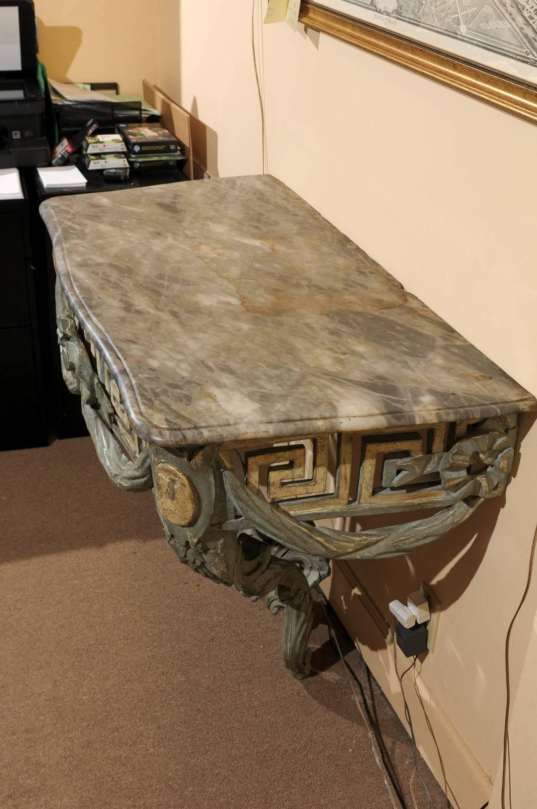 Polychrome Painted Console with Pierced Greek Key Frieze and Grey Marble Top In Good Condition For Sale In Atlanta, GA