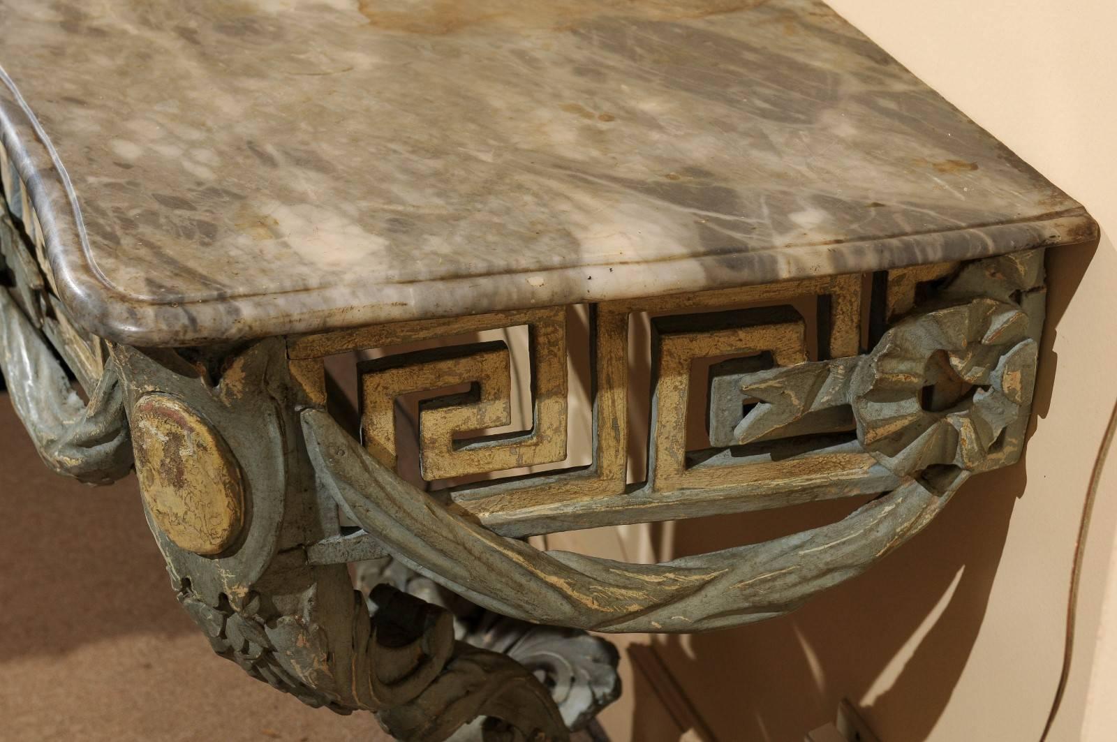 Polychrome Painted Console with Pierced Greek Key Frieze and Grey Marble Top For Sale 2