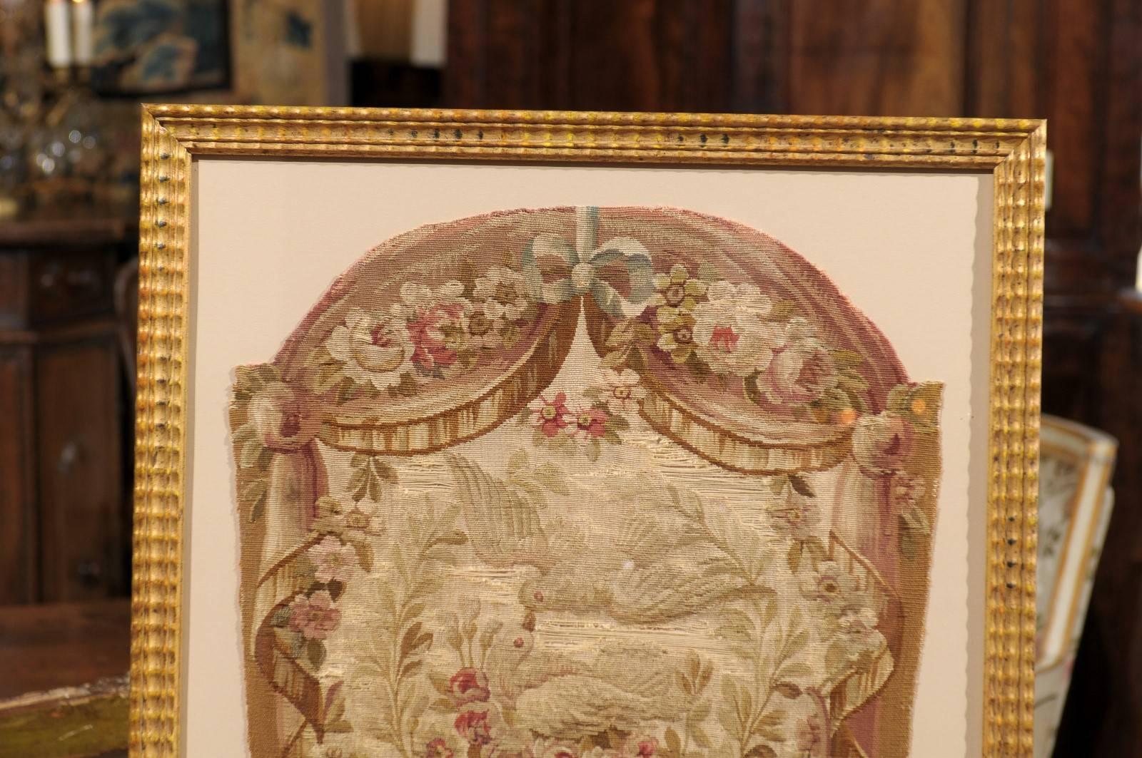 Giltwood Framed 19th Century French Tapestry Fragment with Kissing Doves For Sale 1