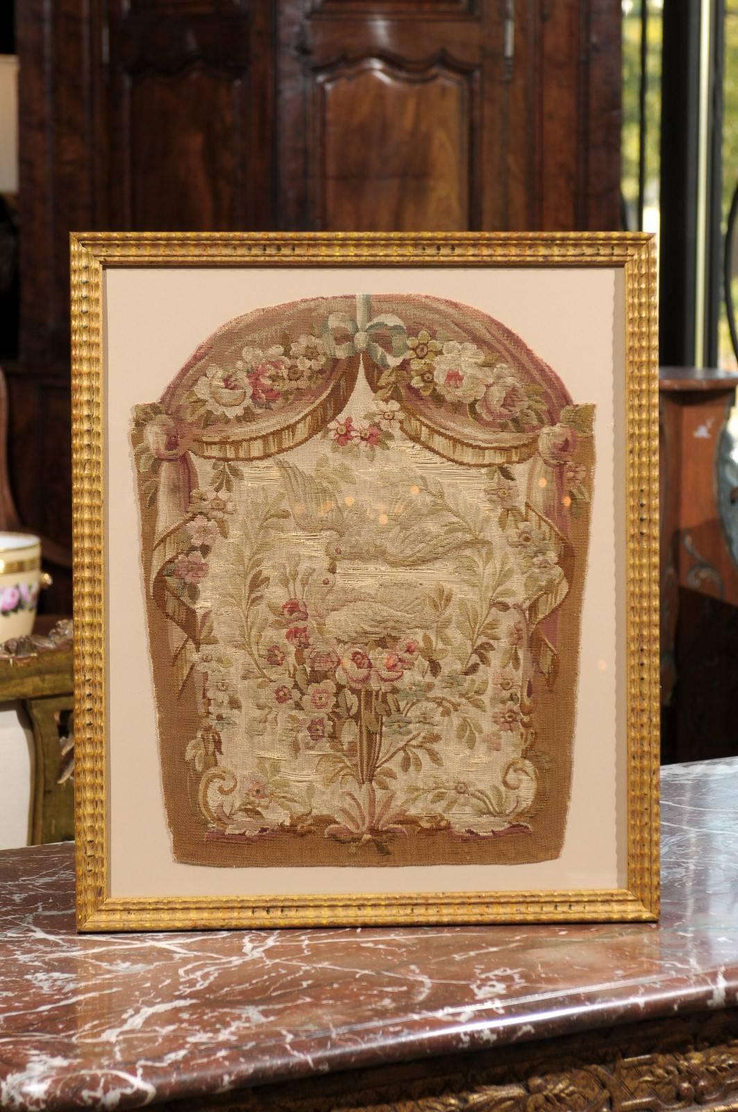 Giltwood Framed 19th Century French Tapestry Fragment with kissing doves.
